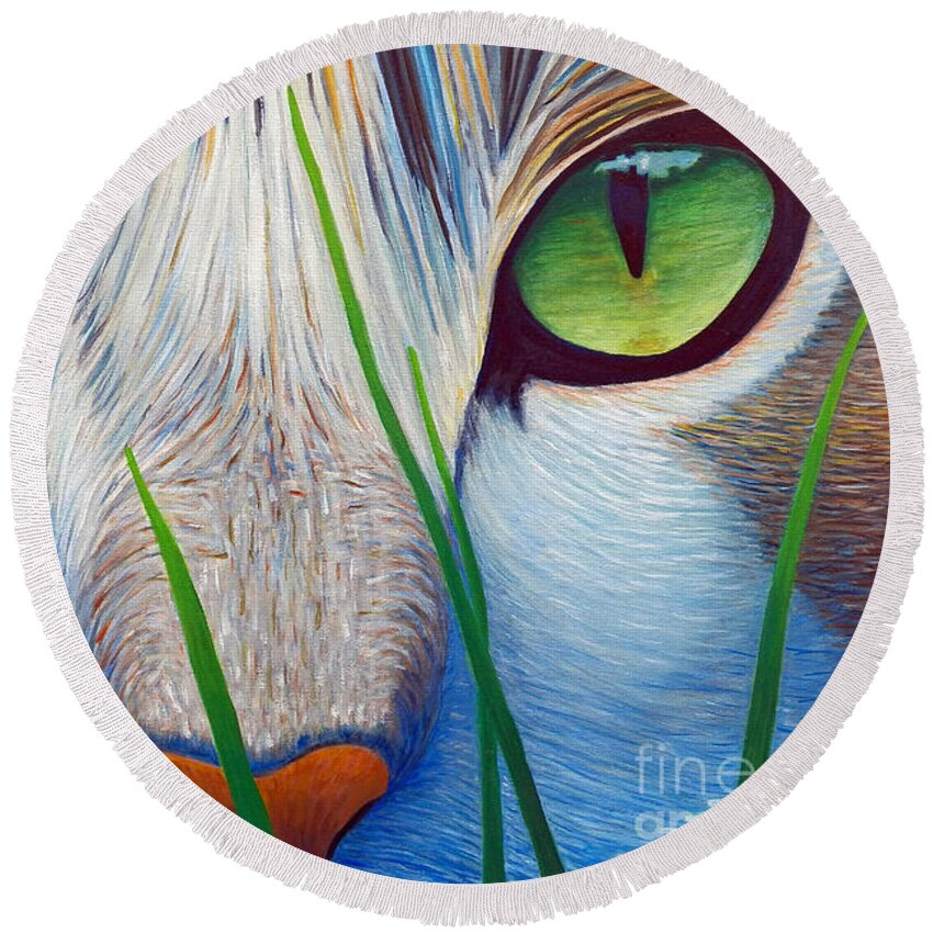 Cat Round Beach Towel featuring the painting Green Eyes by Brian Commerford