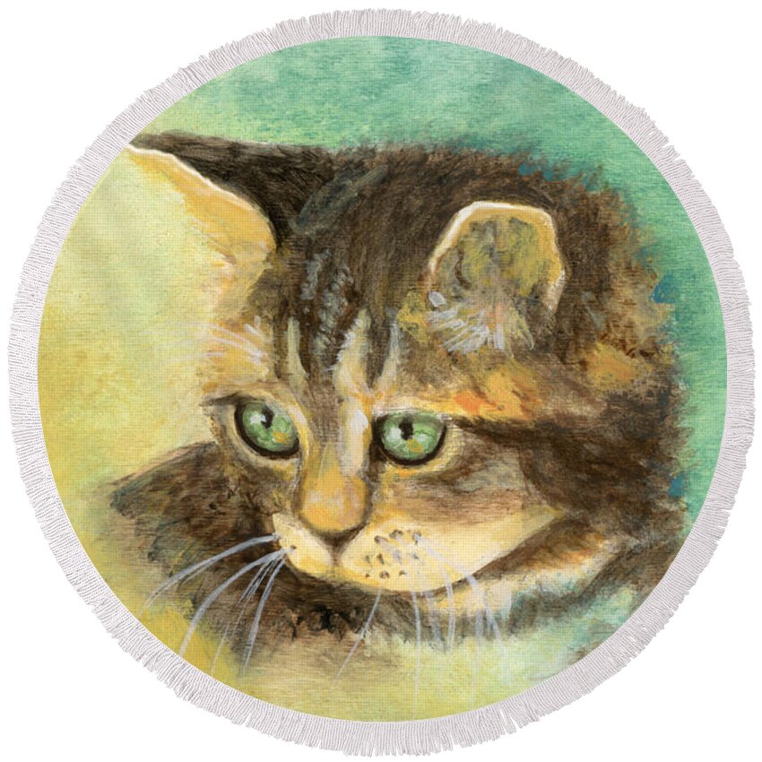 Kitten Round Beach Towel featuring the painting Green Eyes by Terry Webb Harshman