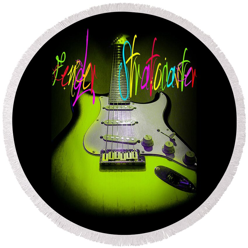 Guitar Round Beach Towel featuring the digital art Green Stratocaster Guitar by Guitarwacky Fine Art