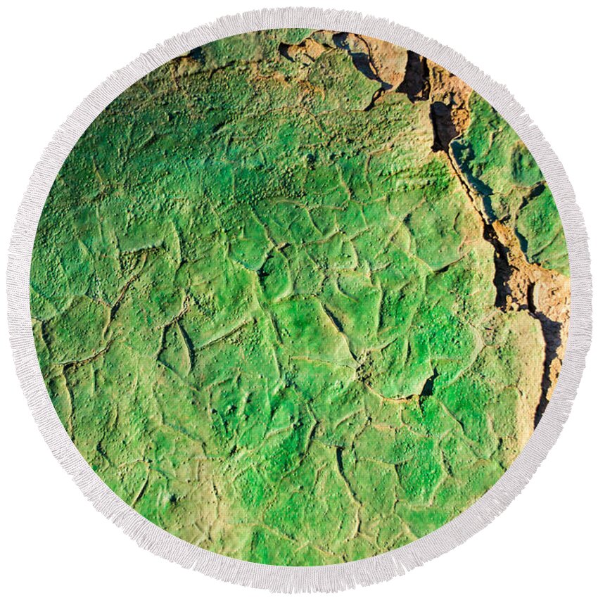 Abstract Round Beach Towel featuring the photograph Green Flaking Brickwork by John Williams