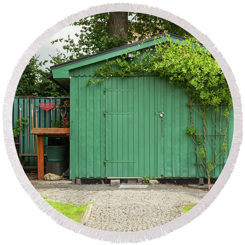 Shed Round Beach Towel featuring the photograph Green garden shed by Sophie McAulay