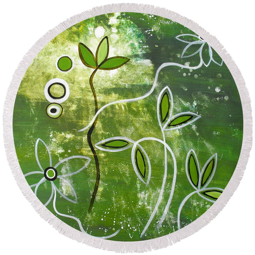 Abstract Round Beach Towel featuring the painting Green Growth by Ruth Palmer