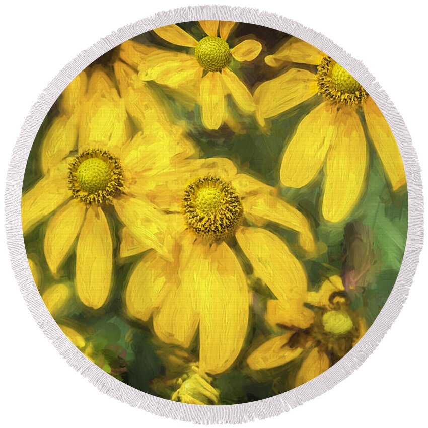 Echinacea Round Beach Towel featuring the photograph Green Headed Coneflowers Painted by Rich Franco
