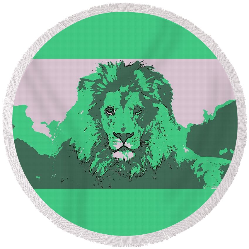 Lion Round Beach Towel featuring the digital art Green King by Antonio Moore
