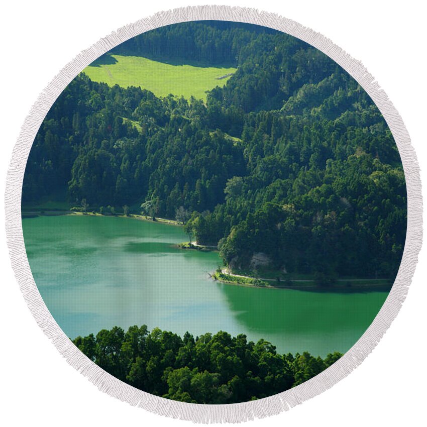 Azores Round Beach Towel featuring the photograph Green Lake - Azores by Gaspar Avila