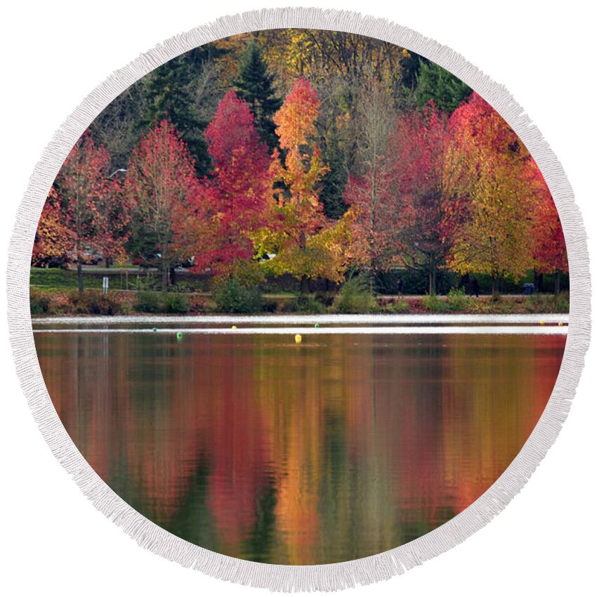 Landscape Round Beach Towel featuring the photograph Green Lake Autumn Reflection by Emerita Wheeling