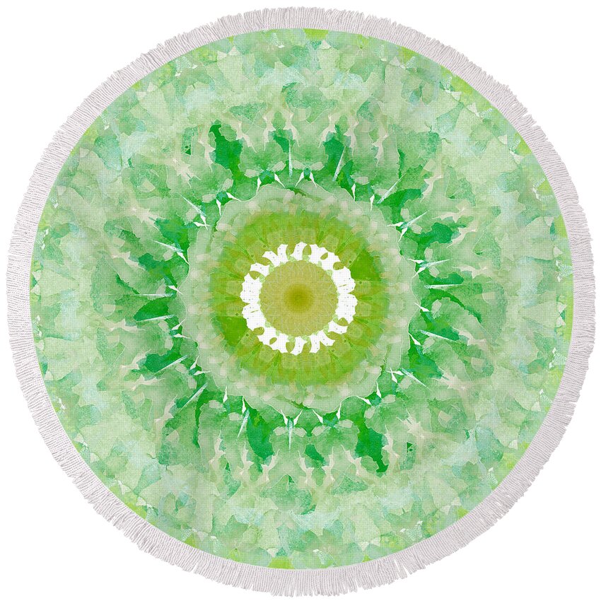 Green Round Beach Towel featuring the painting Green Mandala- Abstract Art by Linda Woods by Linda Woods