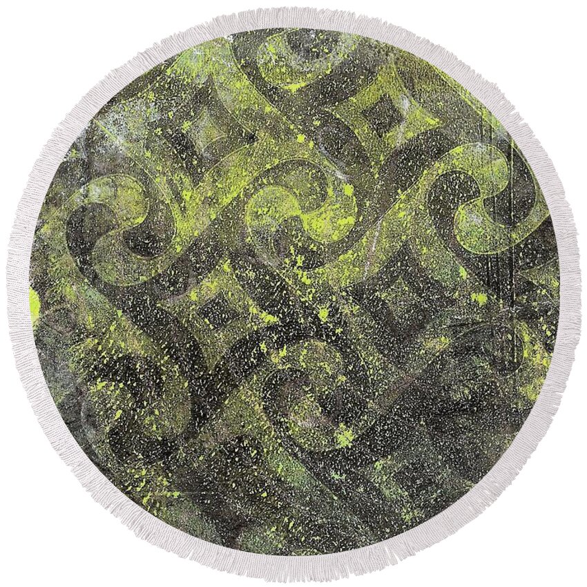 Green Round Beach Towel featuring the painting Green Monoprint 2 by Cynthia Westbrook