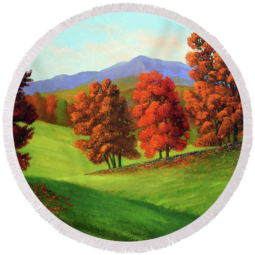 Green Mountain Autumn Round Beach Towel featuring the painting Green Mountain Autumn by Frank Wilson