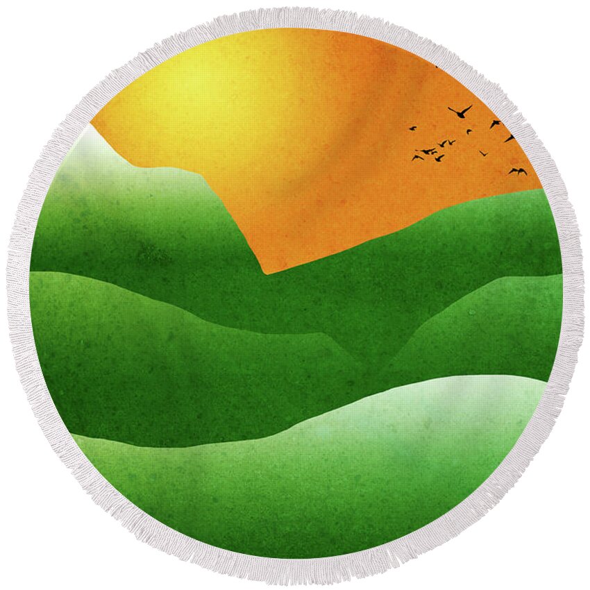 Mountain Round Beach Towel featuring the mixed media Green Mountain Sunrise Landscape Art by Christina Rollo