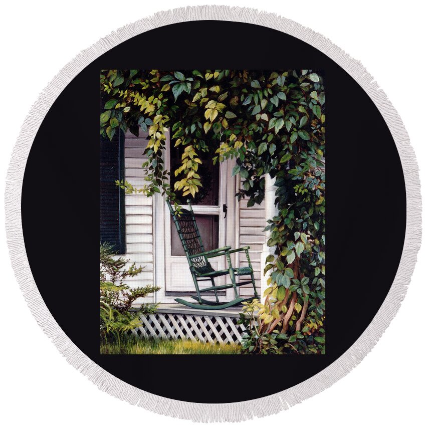 Farmhouse Round Beach Towel featuring the painting Green Rocking Chair by Marie Witte