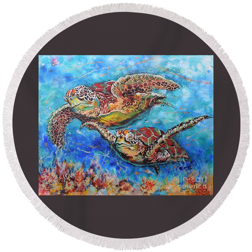 Marine Turtles Round Beach Towel featuring the painting Green Sea Turtles by Jyotika Shroff