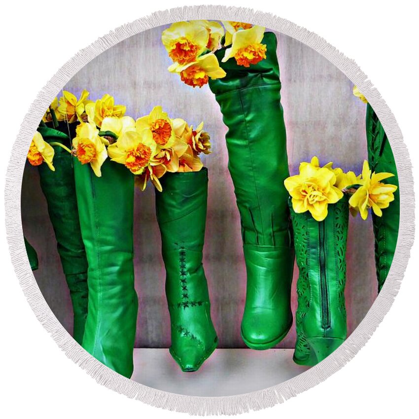 Spring Round Beach Towel featuring the photograph Green Shoes for Yellow Spring Flowers by Amalia Suruceanu