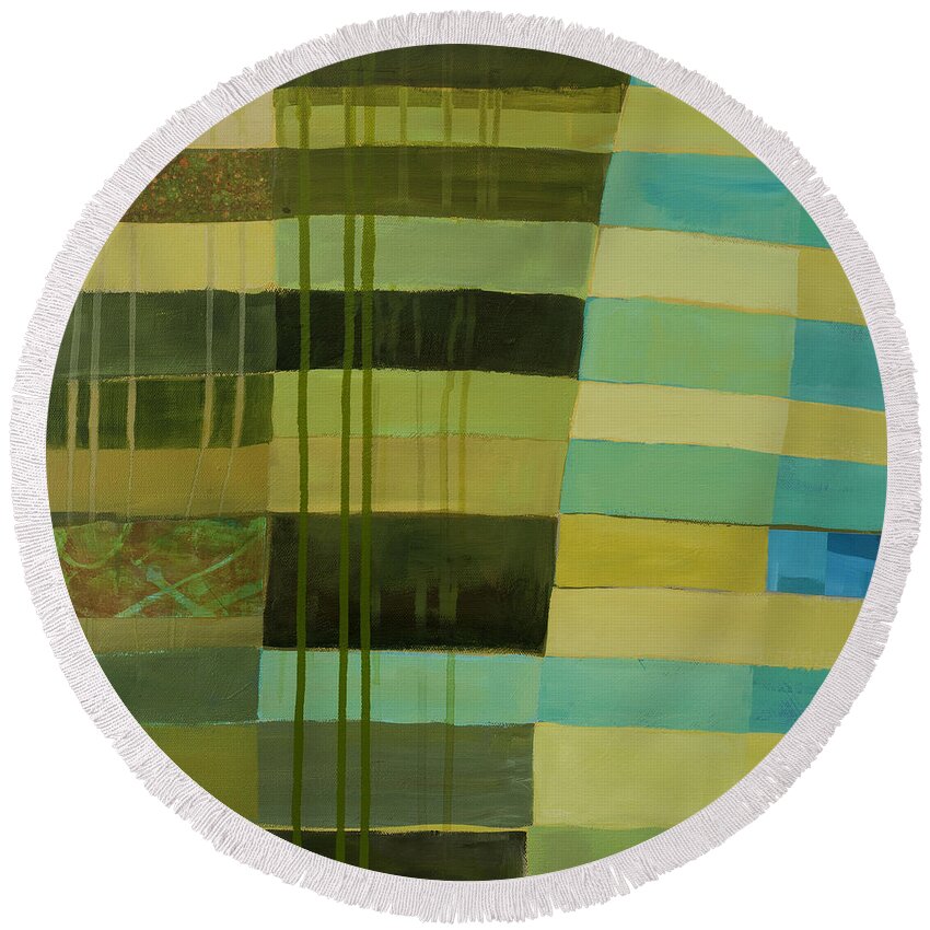 Abstract Art Round Beach Towel featuring the painting Green Stripes 1 by Jane Davies