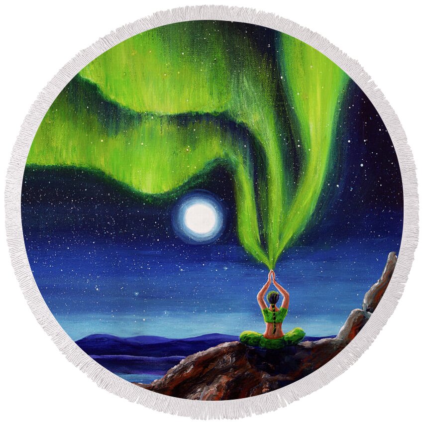Meditation Round Beach Towel featuring the painting Green Tara Creating the Aurora Borealis by Laura Iverson