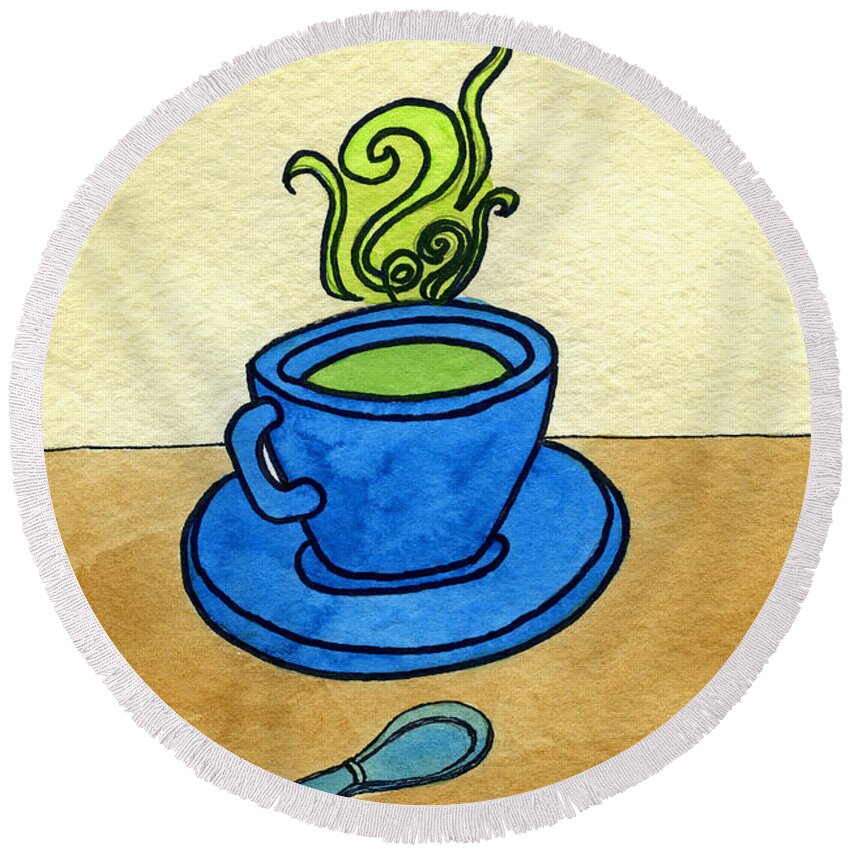 Green Tea A Pen & Ink Watercolor Painting By Norma Appleton Round Beach Towel featuring the painting Green Tea by Norma Appleton