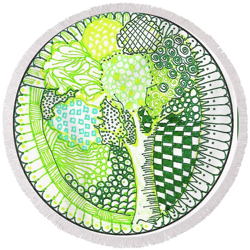 Zentangle Design Patterns Circle Green Colors Round Beach Towel featuring the tapestry - textile Green Tree by Ruth Dailey