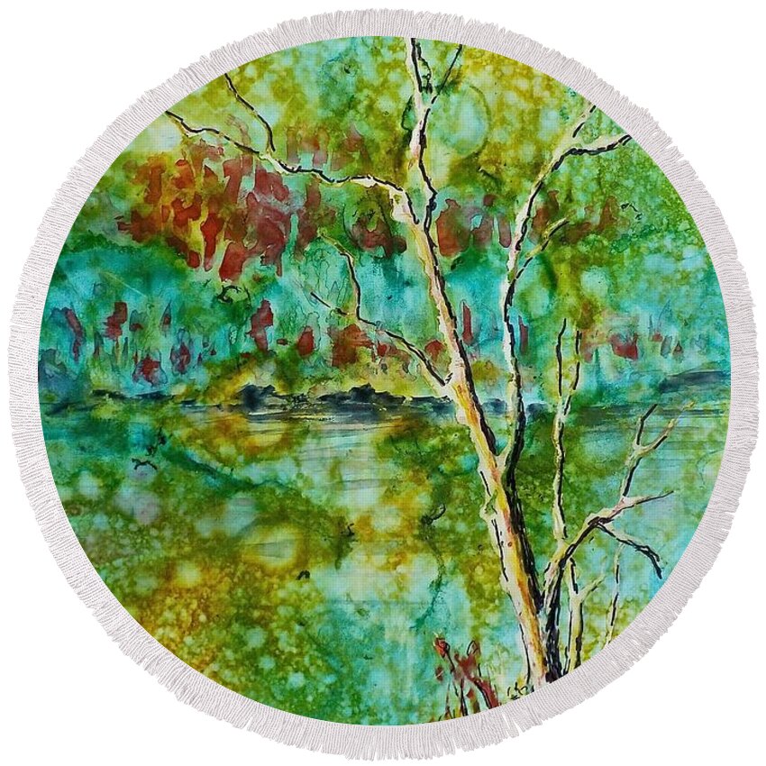 Watercolor Round Beach Towel featuring the painting Greens of Late Summer by Carolyn Rosenberger