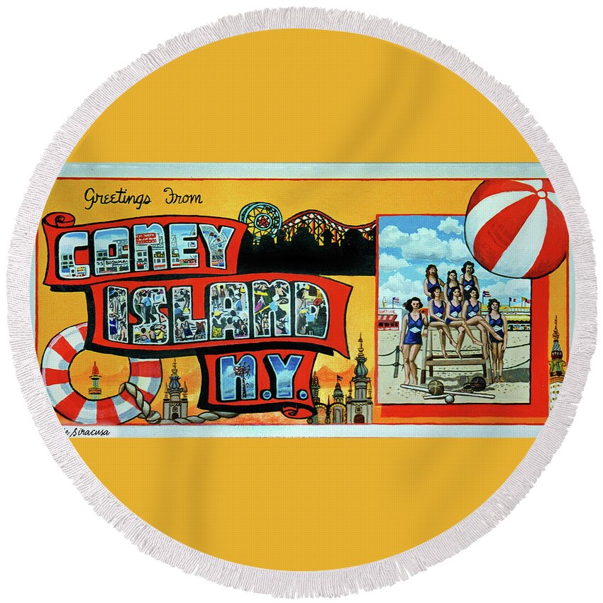 Coney Island Round Beach Towel featuring the painting Greetings From Coney Island N.Y. Towel Version too by Bonnie Siracusa