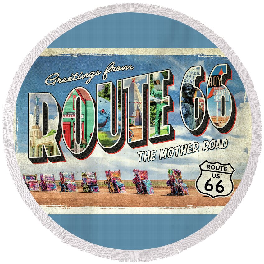 Route 66 Round Beach Towel featuring the painting Greetings from Route 66 by Christopher Arndt