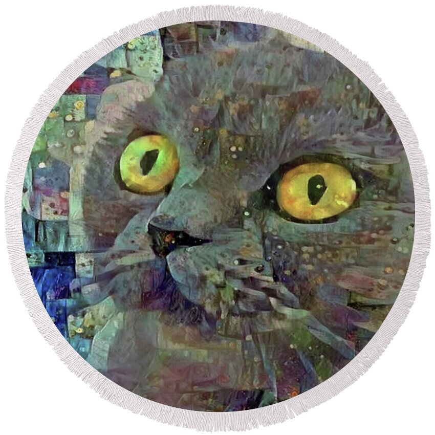 British Shorthair Cat Round Beach Towel featuring the photograph Grey Cat on Blue Abstract Art by Peggy Collins