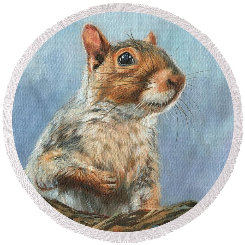 Squirrel Round Beach Towel featuring the painting Grey Squirrel by David Stribbling
