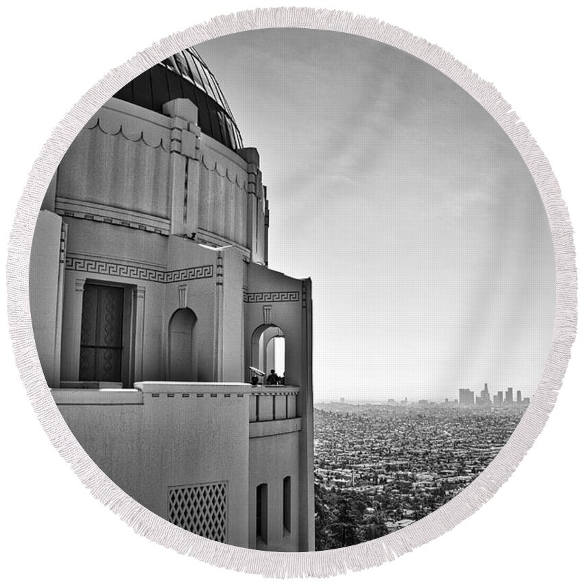 Griffith-park Round Beach Towel featuring the photograph Griffith Observatory and Downtown Los Angeles by Kirt Tisdale