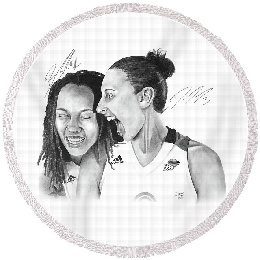 Diana Taurasi Round Beach Towel featuring the drawing Griner and Taurasi by Devin Millington
