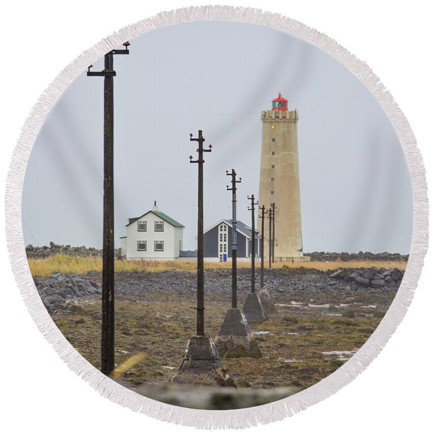 Iceland Round Beach Towel featuring the photograph Grotta Lighthouse Seltjarnarnes Reykjavik Iceland by Deborah Smolinske