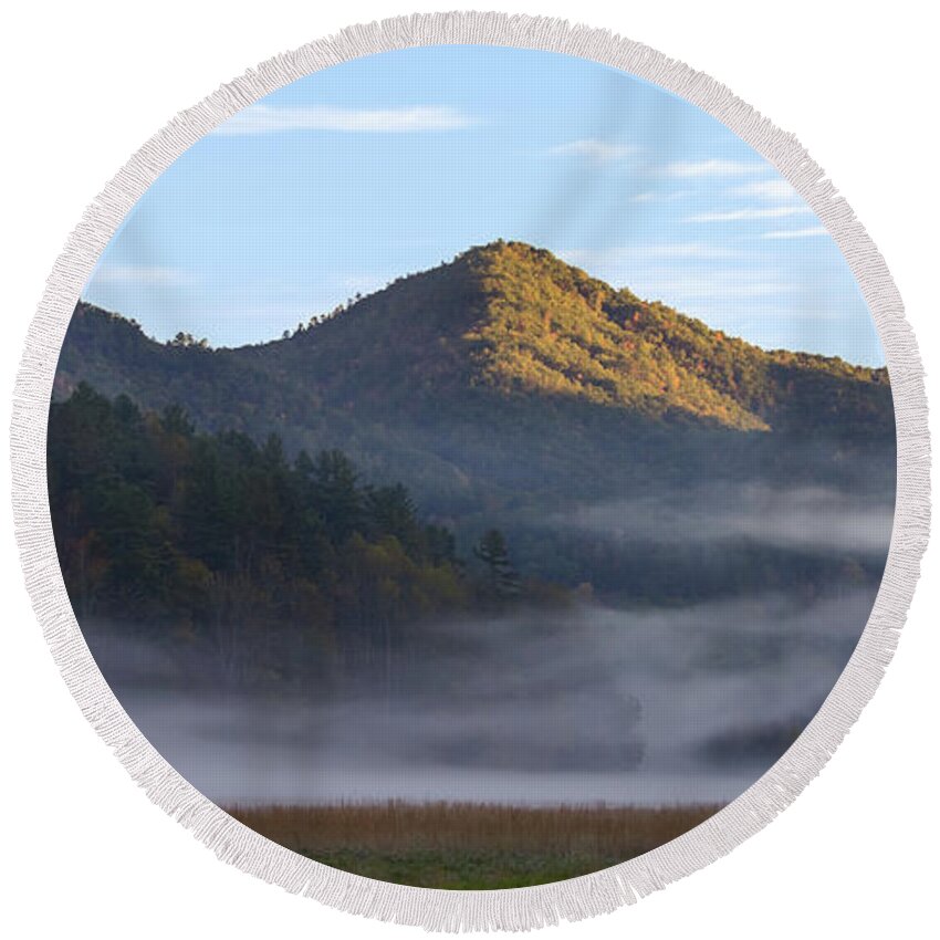 Mountains Round Beach Towel featuring the photograph Ground Fog in Cataloochee Valley - October 12 2016 by D K Wall