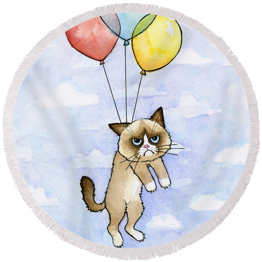 Grumpy Round Beach Towel featuring the painting Grumpy Cat and Balloons by Olga Shvartsur