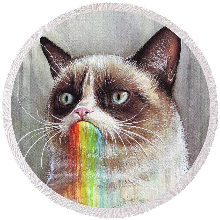 Grumpy Cat Round Beach Towel featuring the painting Grumpy Cat Tastes the Rainbow by Olga Shvartsur