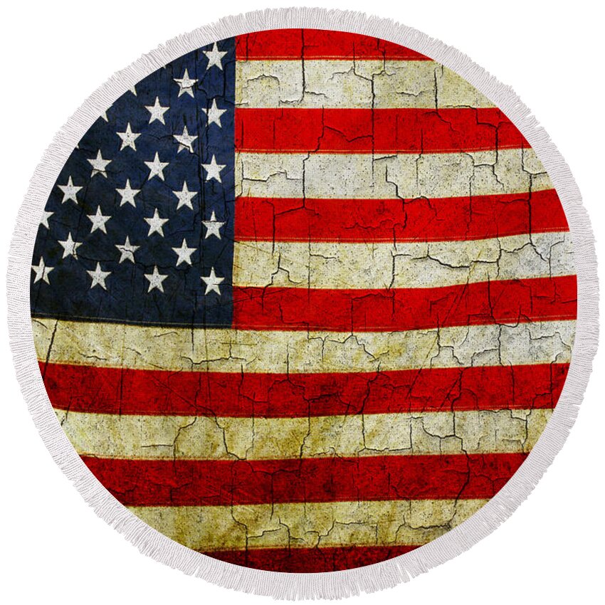Aged Round Beach Towel featuring the digital art Grunge American flag by Steve Ball