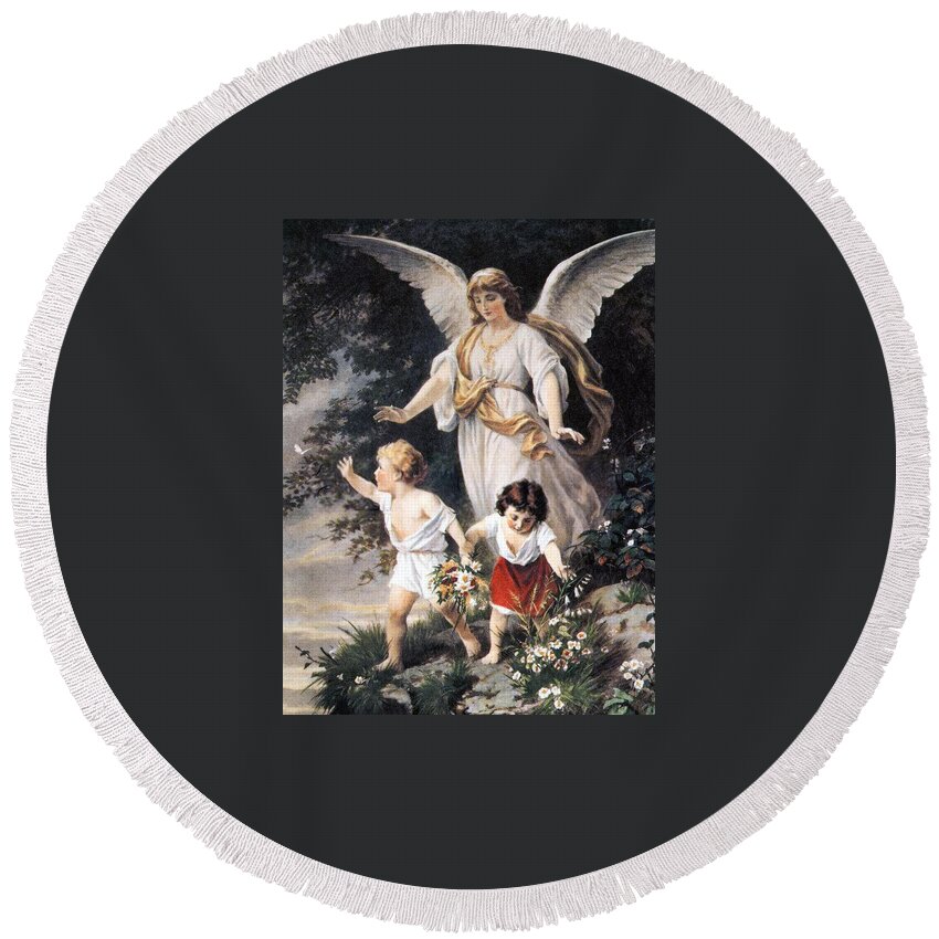 Old Masters Round Beach Towel featuring the painting Guardian Angel by Bernhard Plockhorst