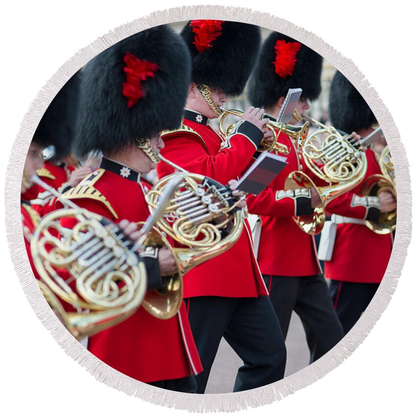 British Round Beach Towel featuring the photograph guards band at Buckingham palace by Andrew Michael