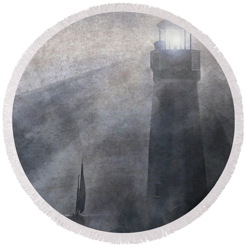 Lighthouse Round Beach Towel featuring the photograph Guiding Light Distressed by Stephanie Laird