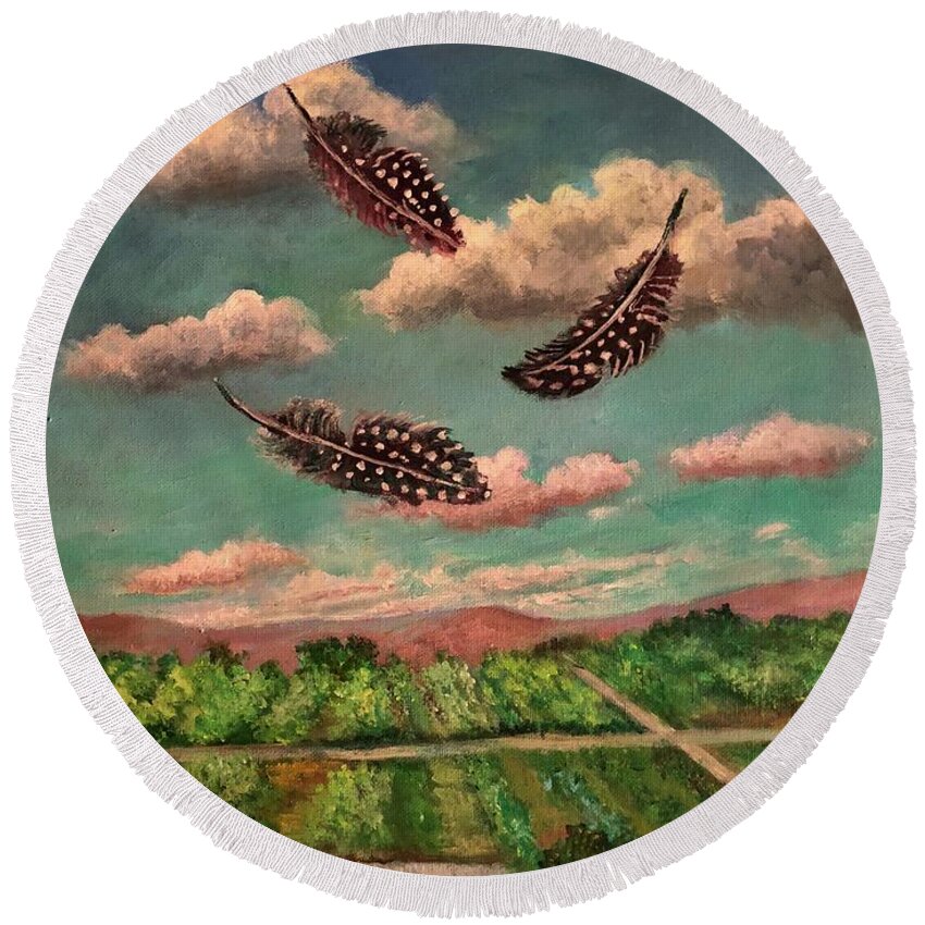 Clouds Round Beach Towel featuring the painting Guinea Feathers by Rand Burns