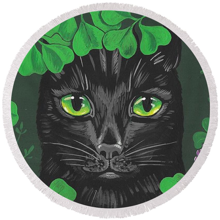 Print Round Beach Towel featuring the painting Guinevere the Green Eyed Cat by Margaryta Yermolayeva