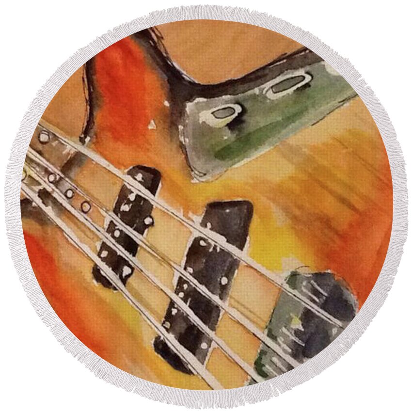 Guitar Round Beach Towel featuring the painting Fender Sunburst Jazz Bass by Bonny Butler
