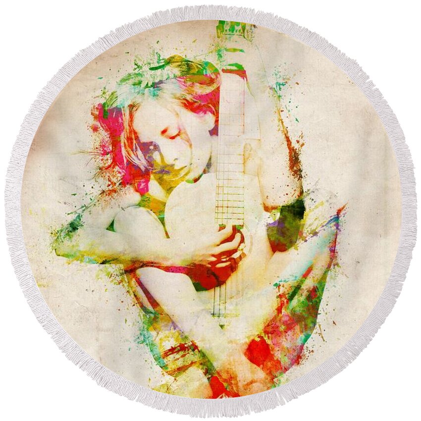 Guitar Round Beach Towel featuring the digital art Guitar Lovers Embrace by Nikki Smith