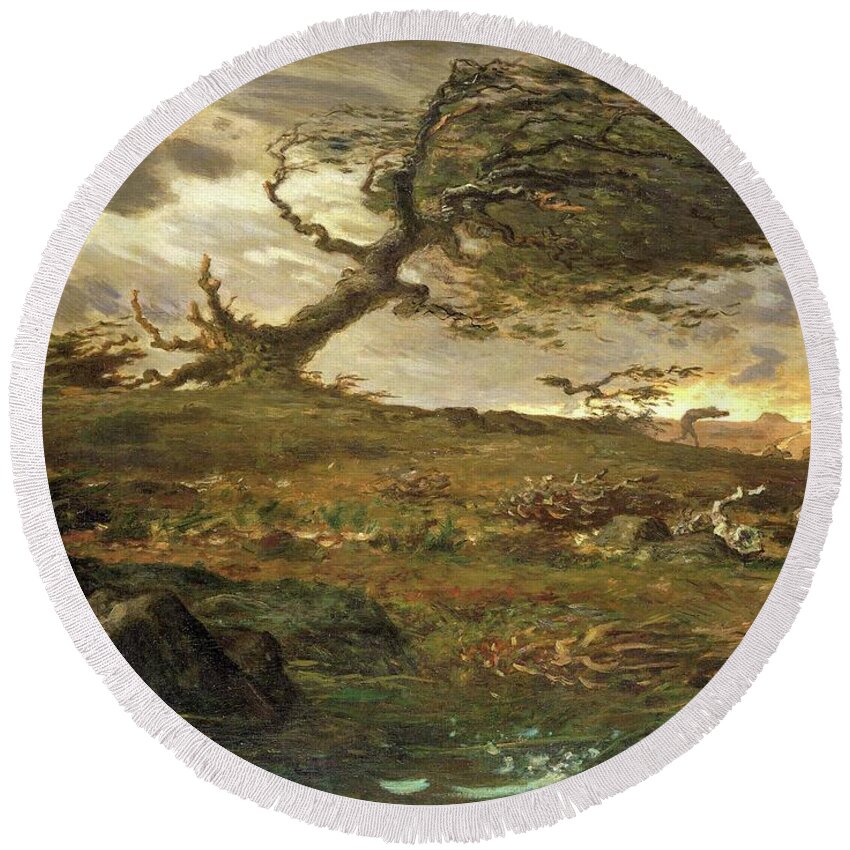 French Round Beach Towel featuring the painting Gust of Wind by Jean Francois Millet