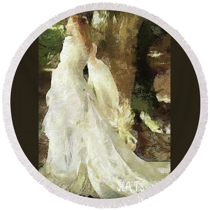 White Dress Round Beach Towel featuring the digital art Gwendolyn White Gown by Humphrey Isselt
