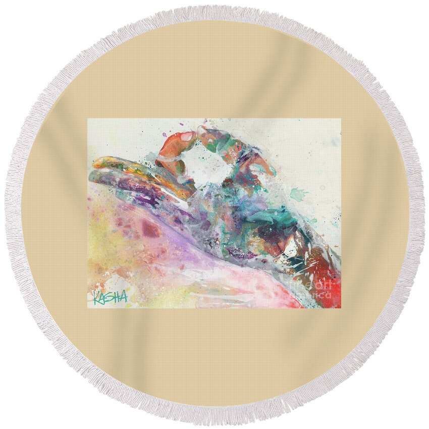 Hand Art Round Beach Towel featuring the painting Gyan by Kasha Ritter