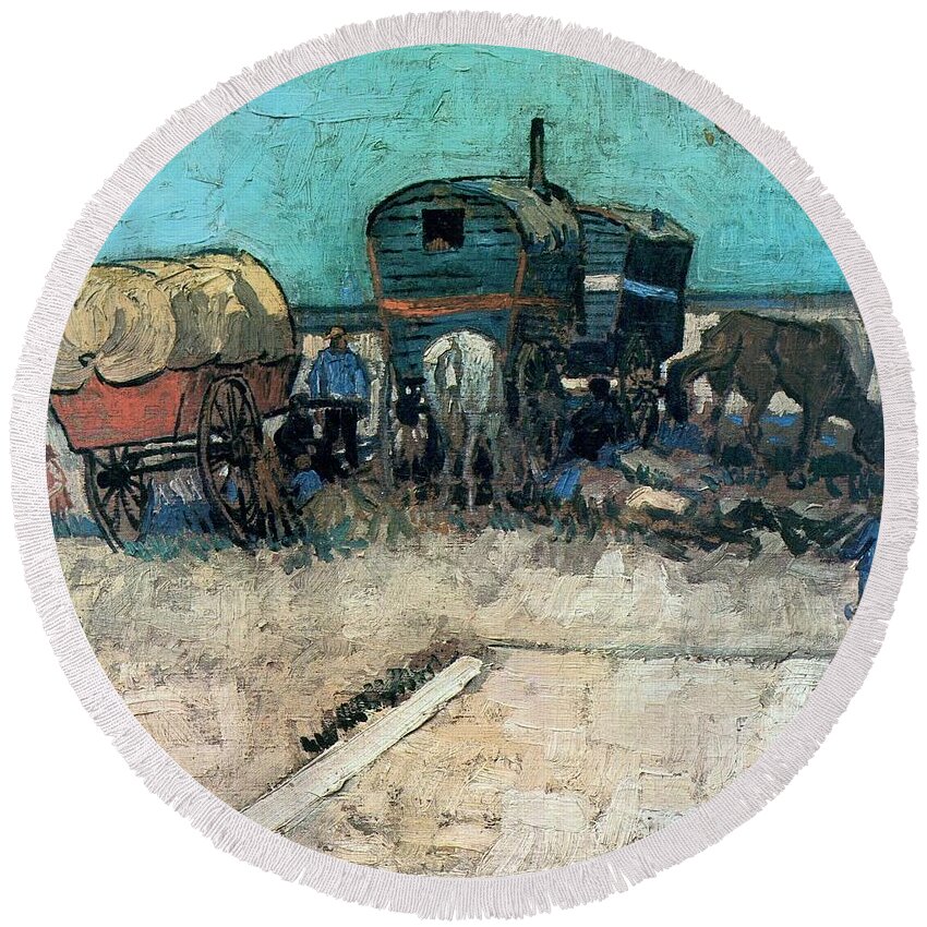 Gypsy Camp With Horse Carriage Round Beach Towel featuring the painting Gypsy Camp With Horse Carriage by Celestial Images