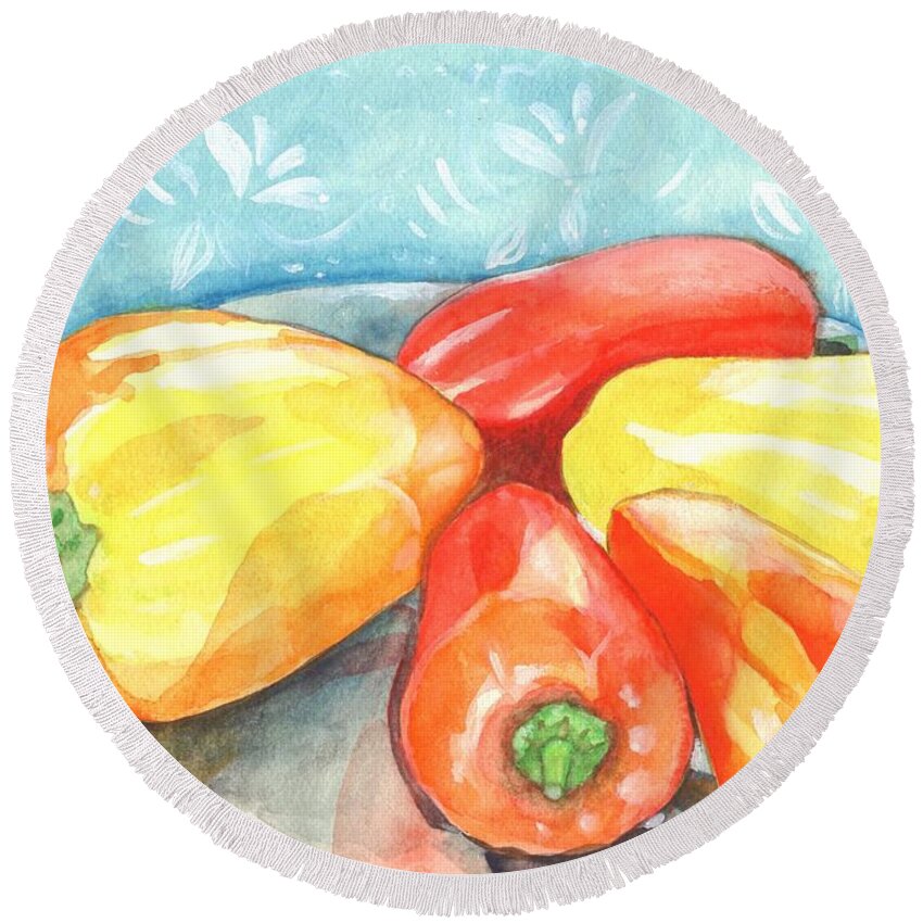 Gypsy Pepper Round Beach Towel featuring the painting Gypsy Peppers by Helena Tiainen