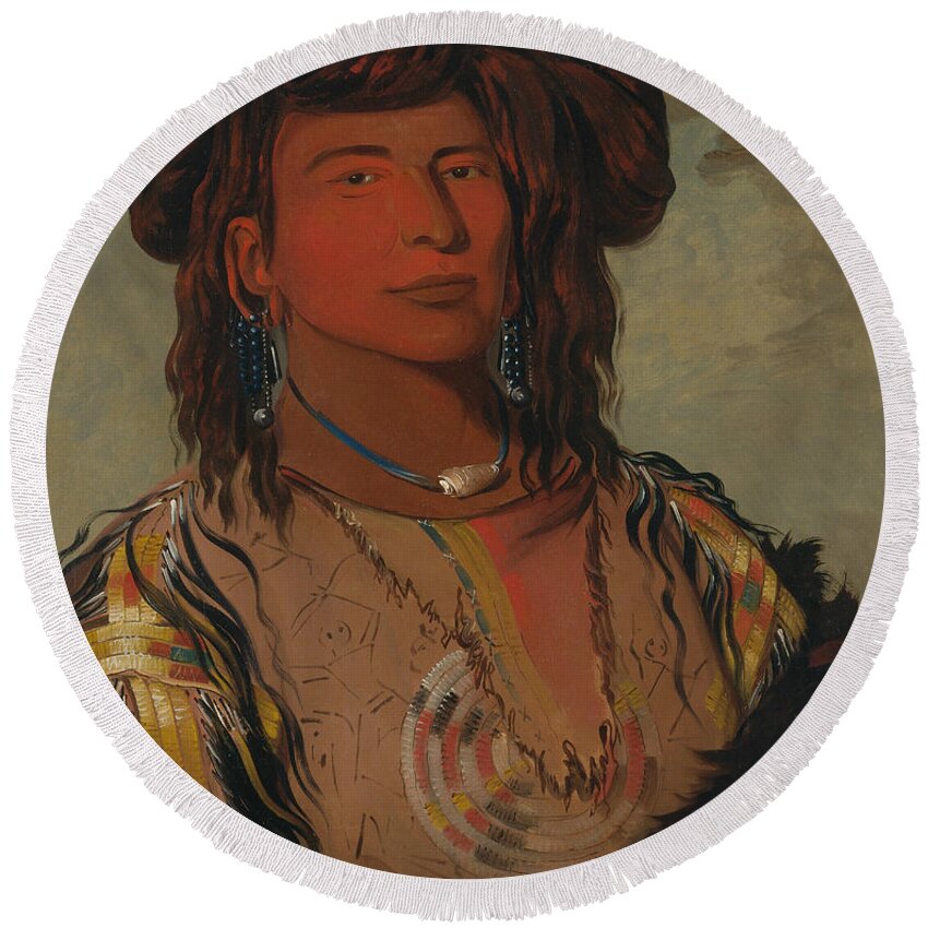 George Catlin Round Beach Towel featuring the painting Ha-won-je-tah, One Horn, Head Chief of the Miniconjou Tribe by George Catlin