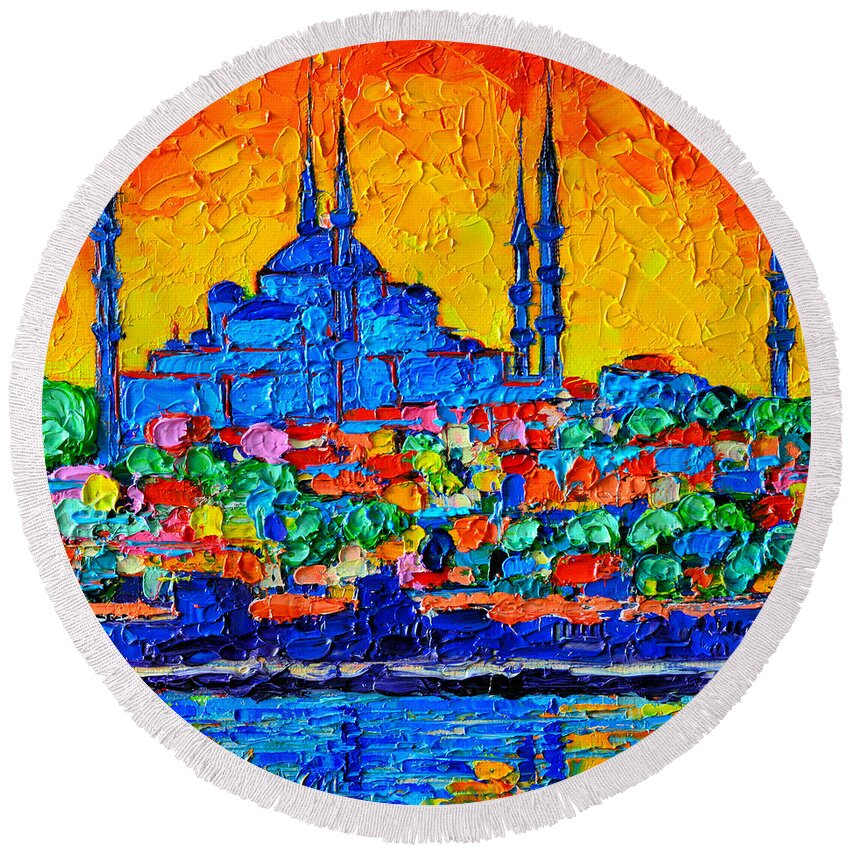 Istanbul Round Beach Towel featuring the painting Hagia Sophia At Sunset Istanbul Abstract Cityscape Palette Knife Oil Painting By Ana Maria Edulescu by Ana Maria Edulescu