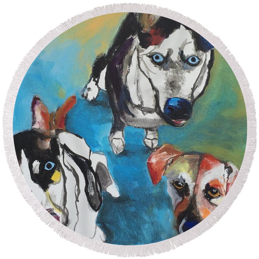 Dogs Round Beach Towel featuring the painting Haleigh's Marauder's by Mary Scott