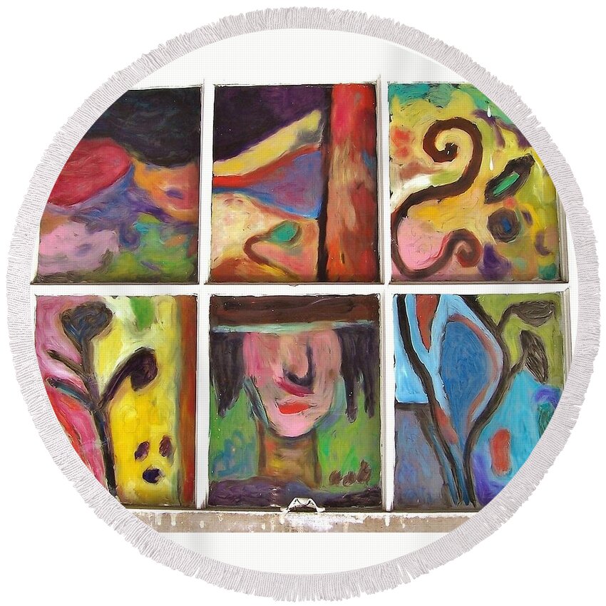Abstract 4 Panel Painted Glass Pane Round Beach Towel featuring the painting Halibro by Mykul Anjelo