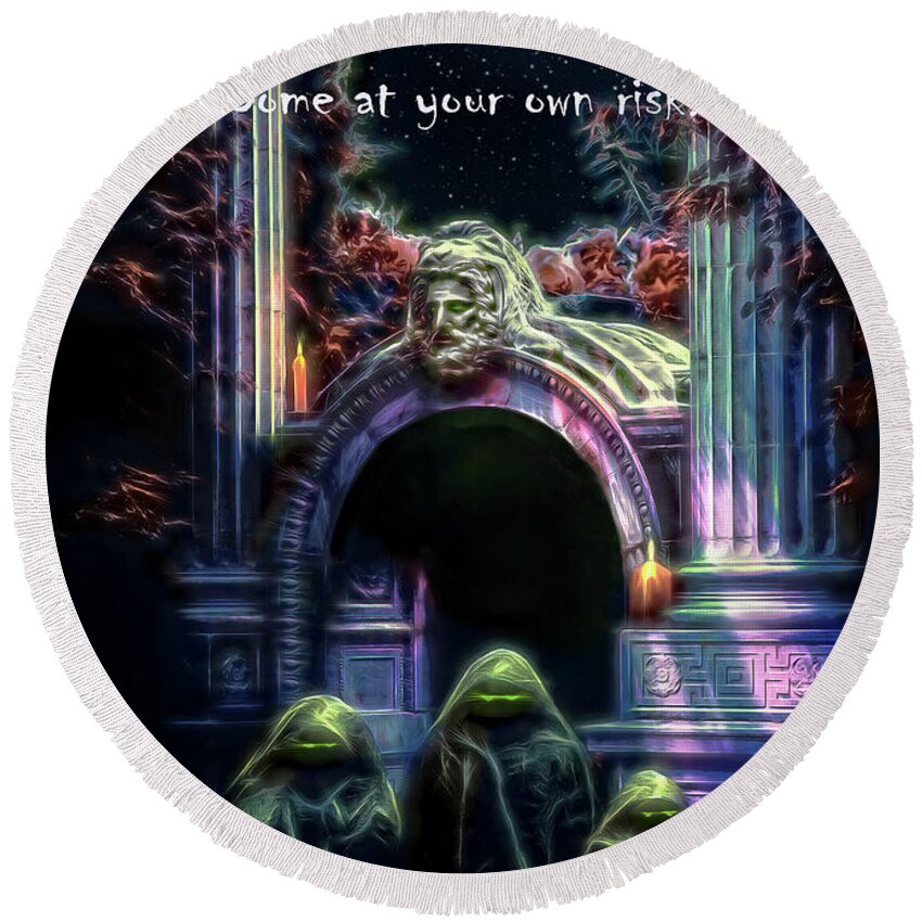 Ghosts Round Beach Towel featuring the digital art Halloween Party Invitation - The Gate Keeper by Pennie McCracken